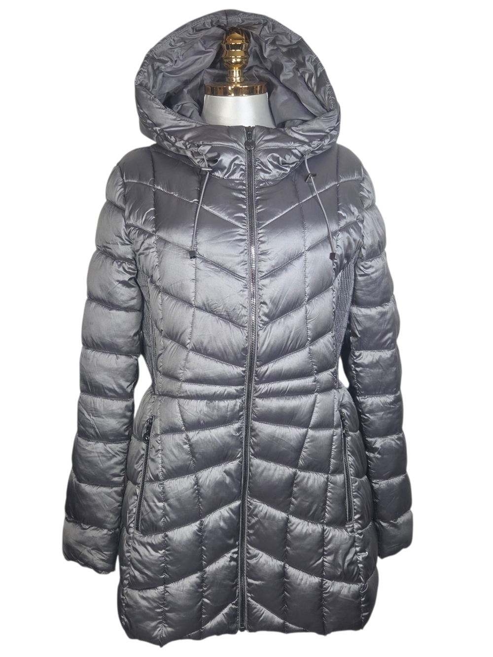 Bernardo Metallic Silver Quilted Hooded Puffer Coat